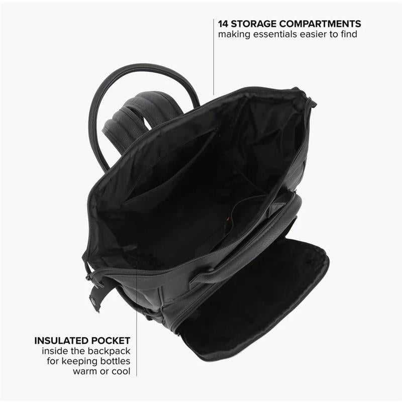 Black DFY - R1 Diaper Backpack with 14 storage compartments and an insulated pocket for bottles.