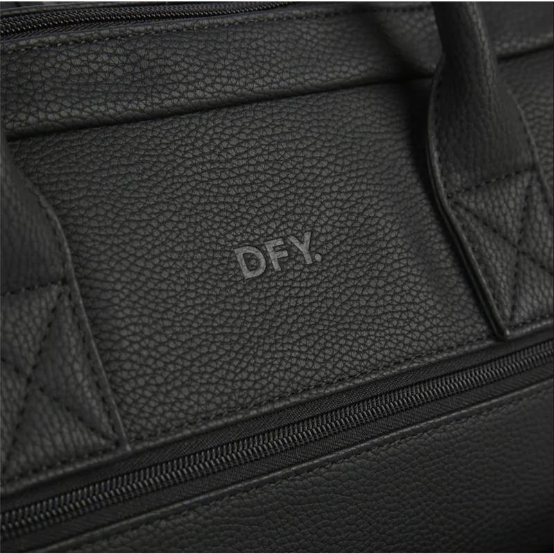 Black DFY diaper backpack featuring textured material, zippers, and subtle branding. Ideal for parents on the go.