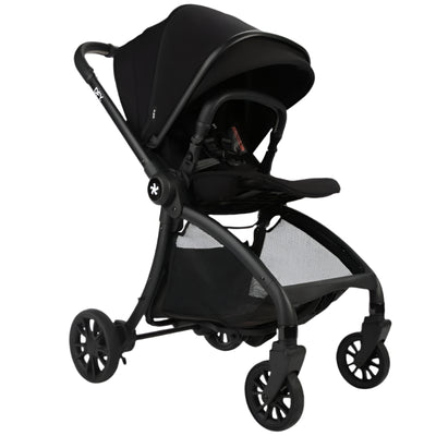 Single R1 stroller in black with a large canopy, adjustable seat, and storage basket underneath.