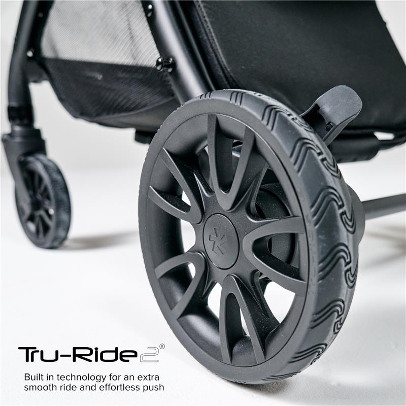 Black R1 Single Stroller with Tru-Ride2 wheels designed for a smooth ride and effortless push, showcasing a close-up of the wheel.
