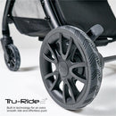 Black R1 Single Stroller with Tru-Ride2 wheels designed for a smooth ride and effortless push, showcasing a close-up of the wheel.