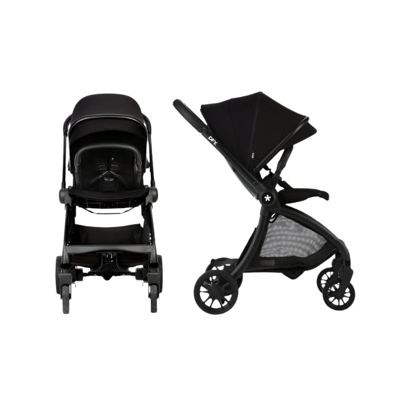 Single R1 stroller in black with a sleek design, featuring a reclining seat and a canopy for sun protection.