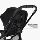 Single black stroller by DFY, highlighting easy adjustment features with a one-handed hood and harness adjustment mechanism.