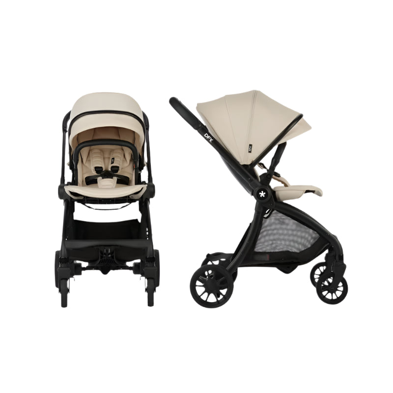 Single stroller in cream color with a collapsible design, featuring a cushioned seat and a large sun canopy.