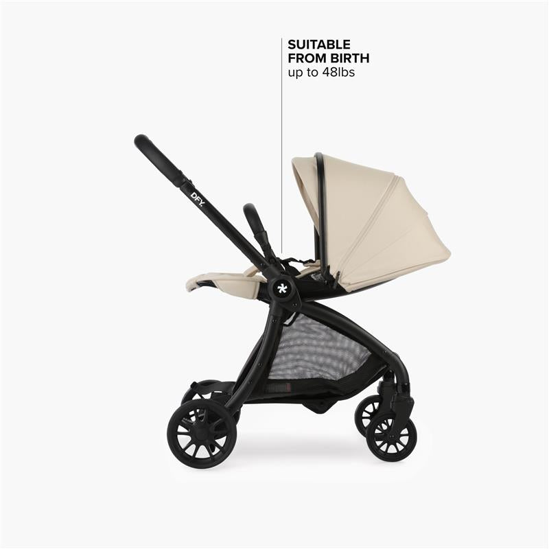 Cream DFY - R1 Single Stroller with a canopy, suitable for infants up to 48lbs, shown in profile.