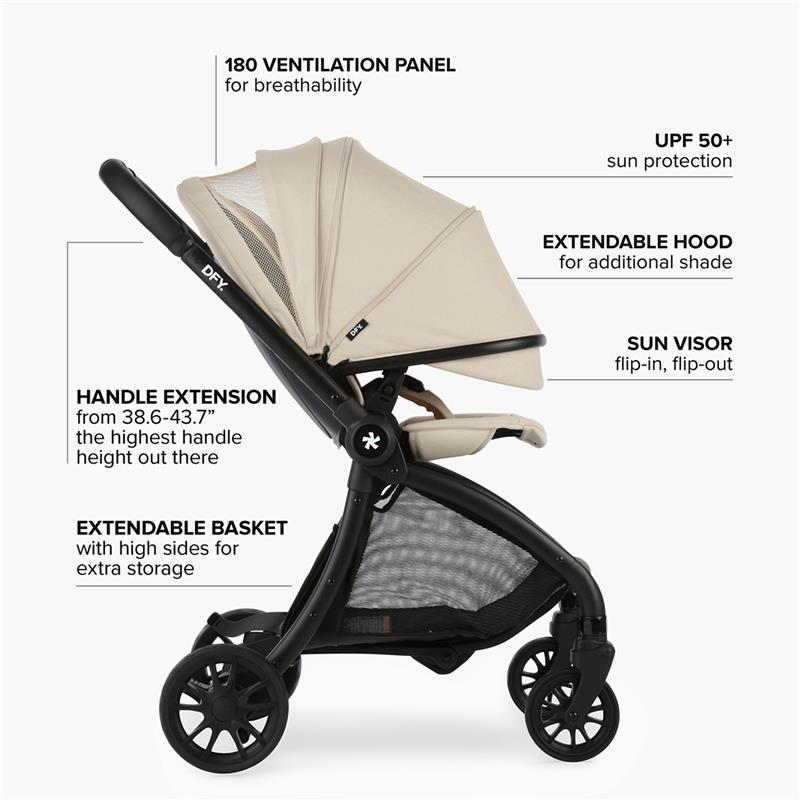 Single stroller in cream color with features like an extendable hood, sun visor, and ventilation panel for breathability.