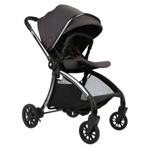 Single stroller in grey with a large canopy, adjustable seat, and storage basket, designed for children.