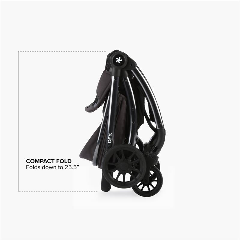 DFY - R1 Single Stroller in grey, shown in a compact folded position with dimensions highlighted.