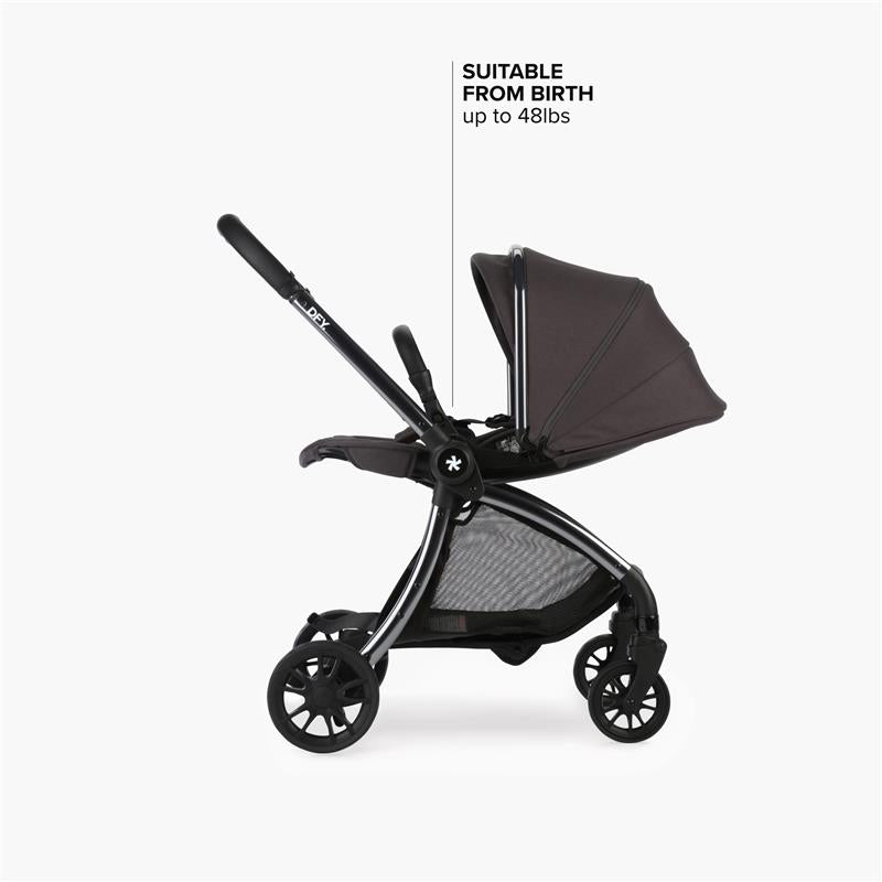 Single stroller in grey, suitable from birth up to 48 lbs, featuring a sleek design and a large canopy.