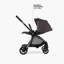 Single stroller in grey, suitable from birth up to 48 lbs, featuring a sleek design and a large canopy.
