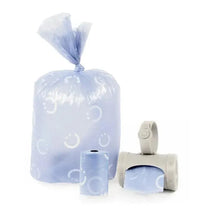 Lavender-scented Ubbi on-the-go refill bags, featuring a pack, a roll, and a dispenser, designed for easy waste disposal.