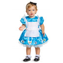 Baby girl wearing a blue and white Disney Alice in Wonderland costume with puffed sleeves and themed appliqués.