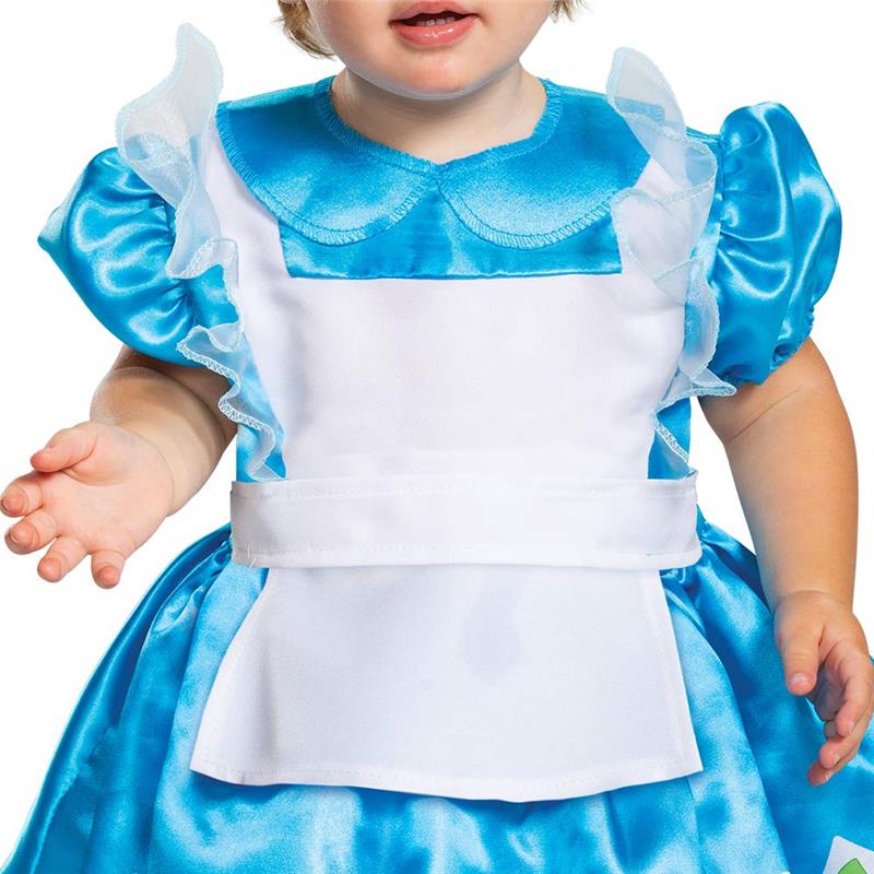 Disney Alice in Wonderland infant costume for girls featuring a blue dress with white apron and ruffled sleeves.