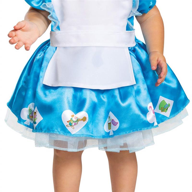 Disney-themed blue and white infant costume with a satin skirt featuring heart-shaped character icons and a white apron.