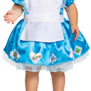 Disney-themed blue and white infant costume with a satin skirt featuring heart-shaped character icons and a white apron.