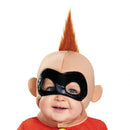 Baby in a red and black Jack-Jack costume with a mohawk and mask, smiling at the camera.