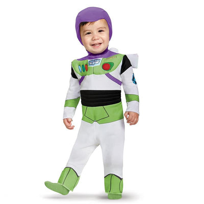 Deluxe Buzz Lightyear costume for infants featuring a white and green design with a purple hood and buttons on the chest.