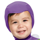 Infant wearing a purple Buzz Lightyear deluxe costume, smiling, with a snug cap and visible facial features.