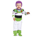 Deluxe Buzz Lightyear costume for infants, featuring a purple hood, vibrant green and white detailing, and a smiling child.