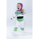Deluxe infant costume of Buzz Lightyear featuring a green and white design, hood, and joyful child in action.
