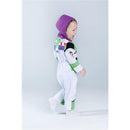 Infant wearing a Buzz Lightyear deluxe costume with a purple hood, smiling and playing, featuring colorful detailing on the suit.