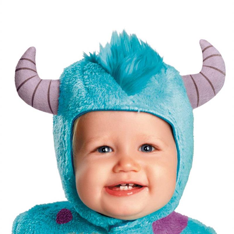 Infant wearing a blue Sulley costume from Monsters University, featuring soft fabric and prominent purple horns.
