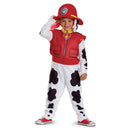 Toddler wearing a Deluxe Paw Patrol Marshall costume, featuring a red fireman hat and spotted white body suit.