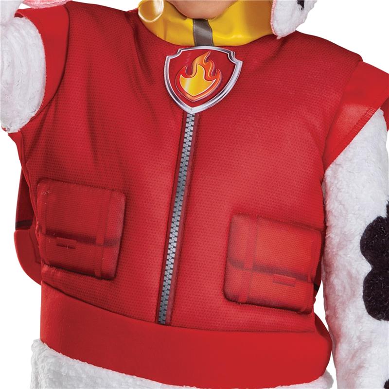 Deluxe Paw Patrol Marshall toddler costume featuring a red vest with a firefighter badge and pockets.