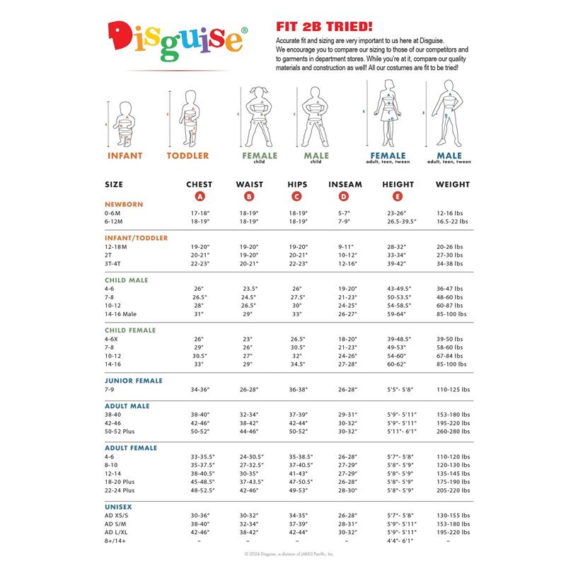 Sizing chart for Disguise costumes, detailing measurements for infants, toddlers, and various sizes for males and females.