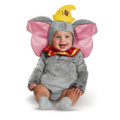 Gray infant costume resembling Dumbo, featuring large pink ears, a yellow hat, and a red collar, worn by a smiling baby.