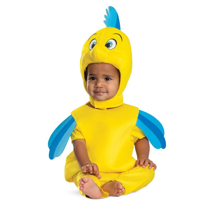 Flounder animated costume featuring a smiling child wearing a bright yellow bodysuit with blue fins and a character headpiece.