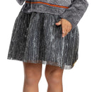 Gryffindor-themed infant costume featuring a gray top with orange stripes and a shiny pleated black skirt.