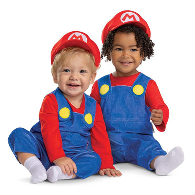 Infant Super Mario Bros costume featuring two babies in red shirts and blue overalls, each wearing a red Mario cap.