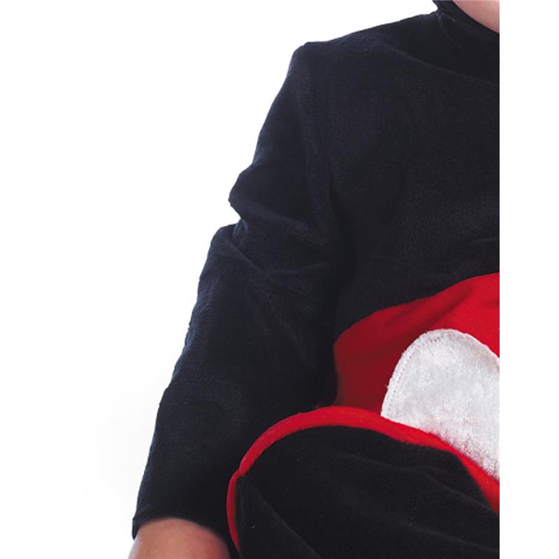 Toddler dressed in a black and red Mickey Mouse costume with a white cutout on the front.