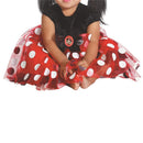 Red and black polka dot dress with a fluffy skirt, featuring a Minnie Mouse-themed embellishment.