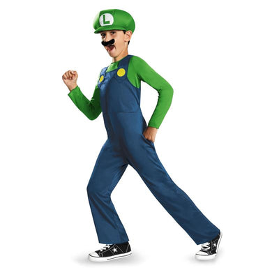 Boy wearing Luigi costume with green shirt, blue overalls, and hat, striking a playful pose.