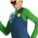 Luigi costume featuring a blue overall with yellow buttons and a green shirt, worn by a child who is smiling and posing.