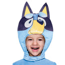 Bluey costume for kids featuring a blue plush hood with dog ears and character facial details, worn by a smiling child.