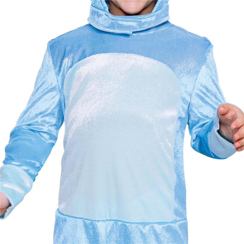 Official Bluey costume for kids in light blue, featuring a hood and soft, shiny fabric. Ideal for dress-up and play.
