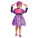 Toddler wearing a pink Paw Patrol Skye costume with a dress and hat featuring dog ears, smiling and posing.