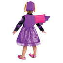 Paw Patrol Skye costume featuring a purple jumpsuit with black sleeves, matching hat with dog ears, and pink wings.
