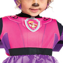 Paw Patrol Skye costume hat and jumpsuit featuring a pink design, Skye emblem, and a child wearing the outfit.