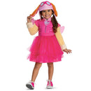 Toddler girl wearing a pink Paw Patrol Skye tutu costume with goggles, dog ears, and fluffy sleeves.