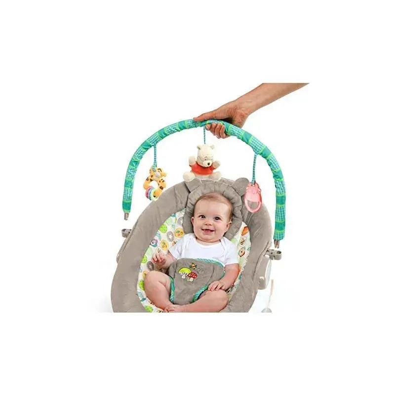 Disney Baby Winnie The Pooh bouncer with a smiling baby, featuring plush toys and a colorful, cushioned seat.