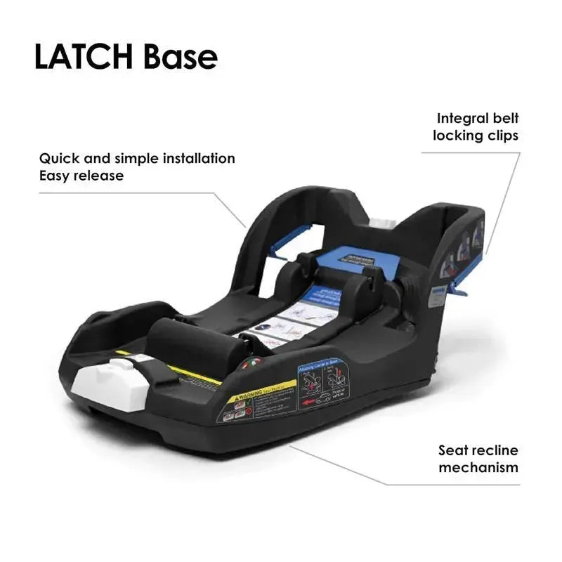 Doona LATCH Car Seat Extra Base featuring integral belt locking clips, easy release, and seat recline mechanism.