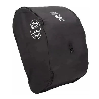 Black padded travel bag designed for the Doona car seat, featuring double handles and logo detail.