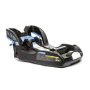 Doona infant car seat base showing adjustable latches, safety warnings, and installation instructions in black and blue.