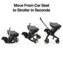 Doona infant car seat in slate green transitioning from car seat to stroller with a text overlay about quick conversion.