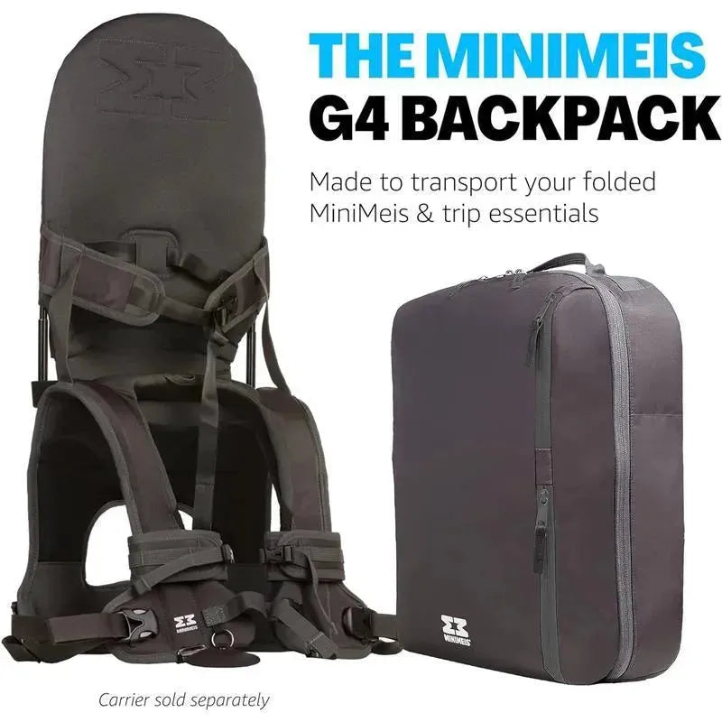 Universal G4 Backpack in black/grey with adjustable straps and a large compartment for transporting MiniMeis and trip essentials.