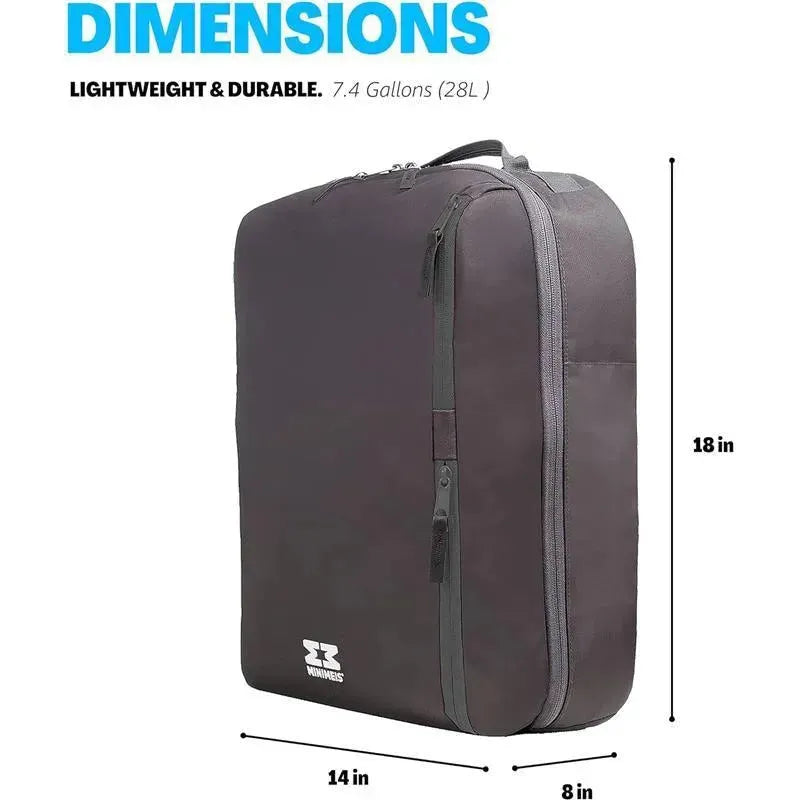 Black and grey Minimeis Universal G4 backpack displaying dimensions: 18x14x8 inches, holding 7.4 gallons (28L).